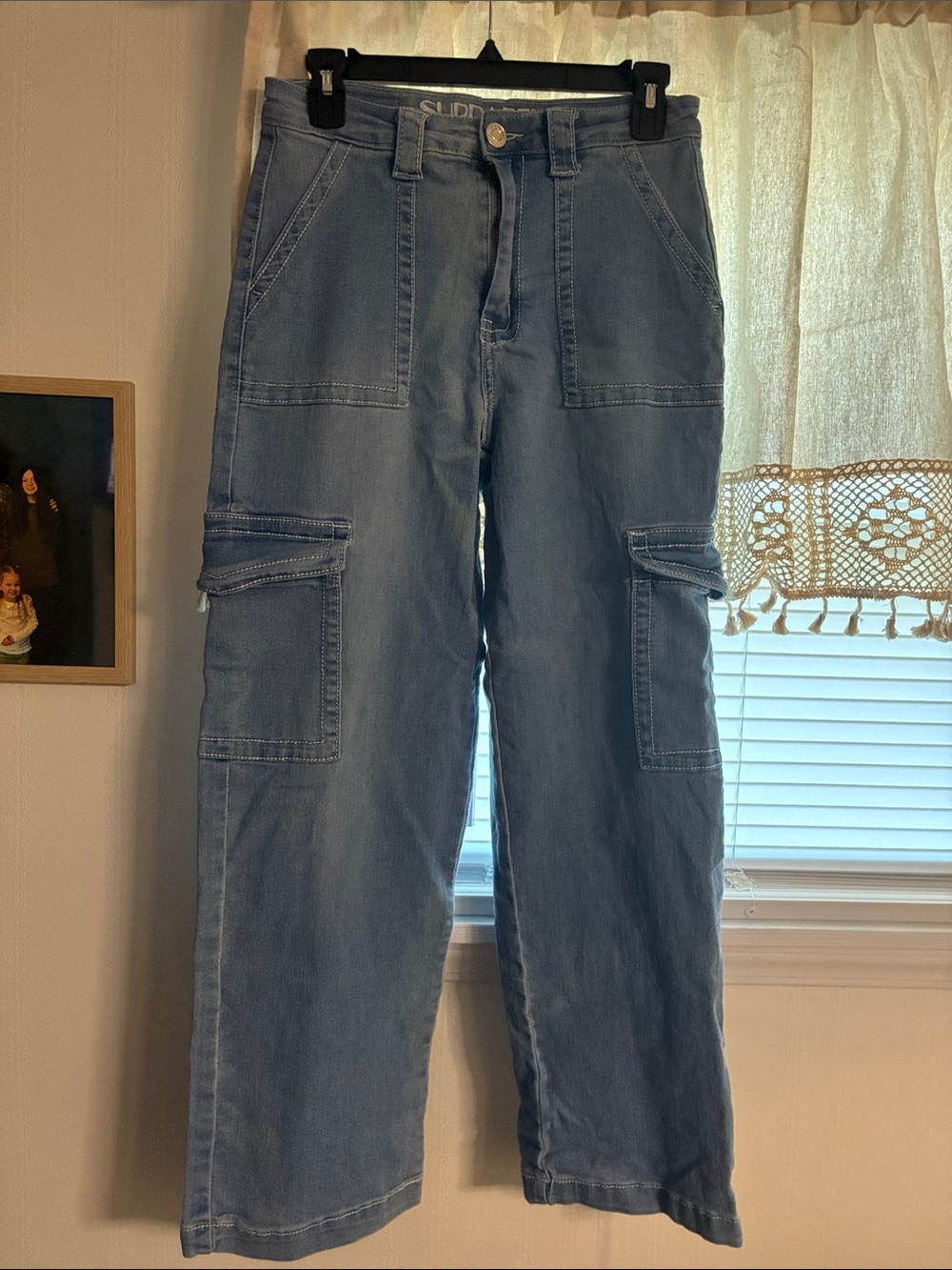 Straight Leg Cargo Jeans in Washed Blue - Women's